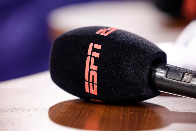 ESPN microphone prior to the Dutch Eredivisie match between Heracles Almelo and Excelsior Rotterdam at Erve Asito on September 2, 2023 in Almelo, Netherlands.