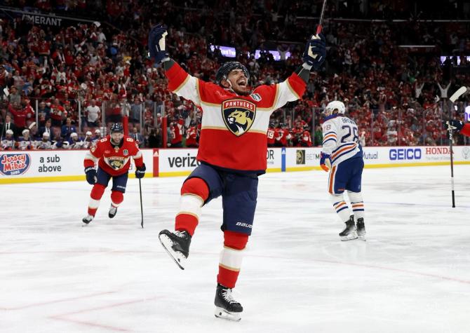 Florida Panthers’ Evan Rodrigues celebrates after scoring a goal against the Edmonton Oilers during Game 2 of the 2024 Stanley Cup Final