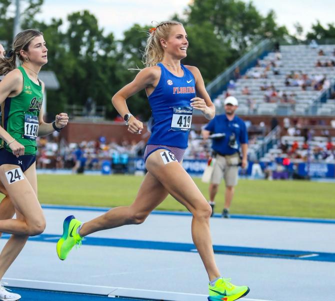 No. 5 Florida women’s track & field star Parker Valby smiles during a 2024 race.