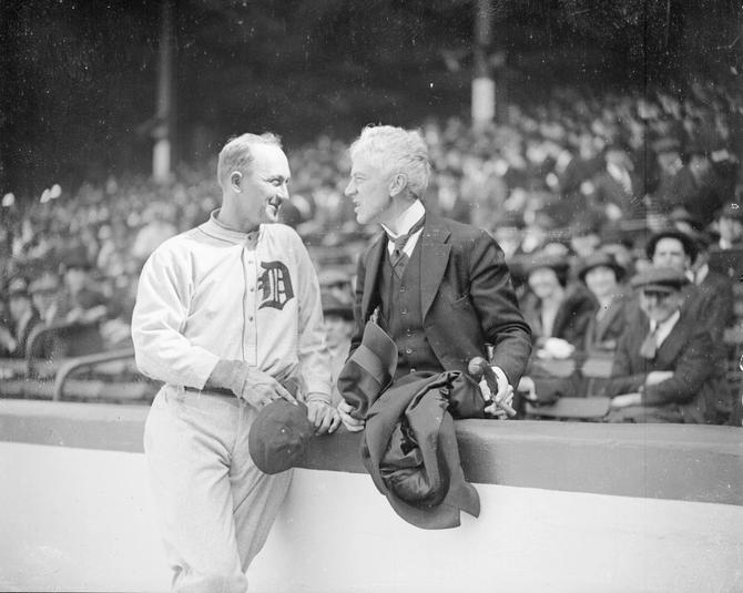 Hall of Famer Ty Cobb (left) stands with Kenesaw Mountain Landis, commissioner of baseball, at Comiskey Park in Chicago, Illinois in 1911.