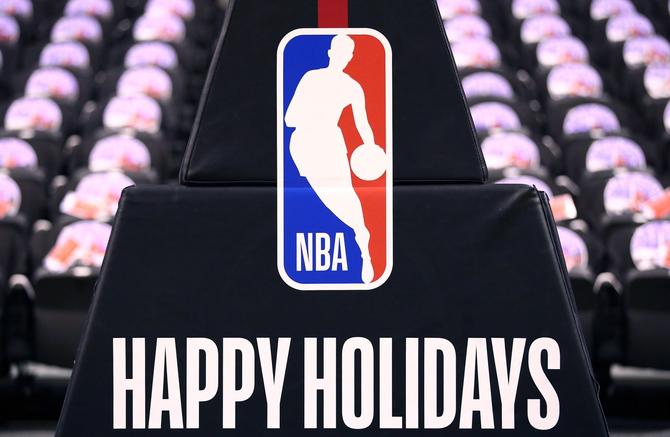 Christmas branding on the basketball stantion prior to an NBA game between the Boston Celtics and the Toronto Raptors