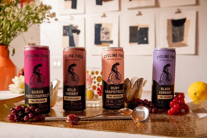 Cans of Cycling Frog displayed on a counter