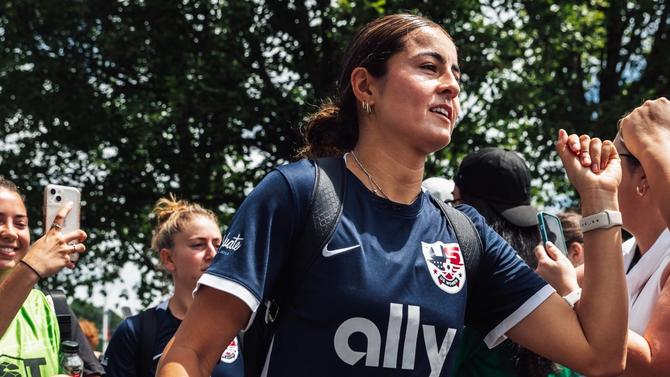 US Women player Alexandra Kimball-Suarez greets fans at The Soccer Tournament in Cary, North Carolina in 2023.