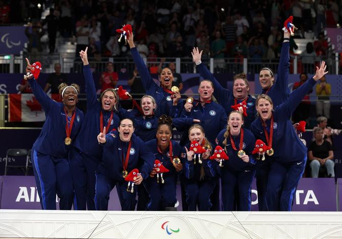 Gold medalists Team United States celebrate during the Sitting Volleyball Women's Medal Ceremony on day ten of the Paris 2024 Summer Paralympic Games