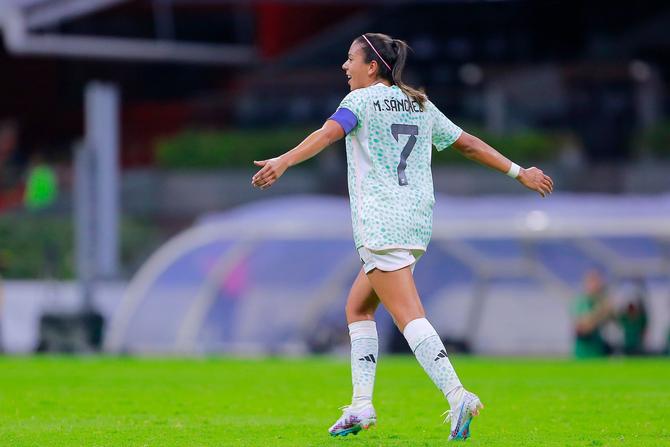 Maria Sanchez of Mexico celebrates after scoring the team's first goal during the Concacaf W Gold Cup Qualifier match between Mexico and Puerto Rico at Azteca Stadium on September 22nd, 2023 in Mexico City, Mexico.