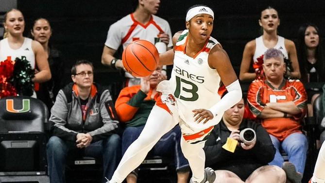 Miami women’s basketball junior guard Lashae Dwyer dribbles during last night’s 73–59 upset win over No. 4 NC State.