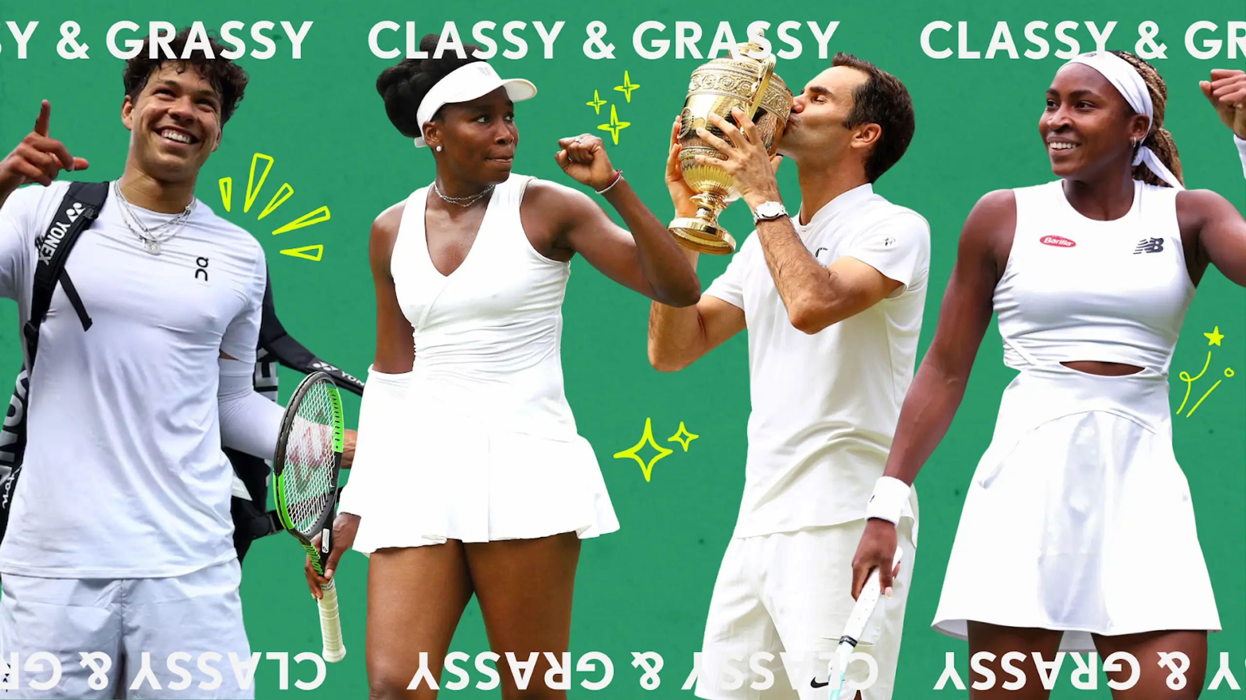 A collage of pro tennis players in their Wimbledon outfits