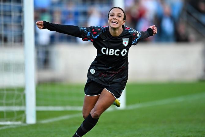 Chicago Red Stars forward Mallory Swanson celebrates after scoring a goal.