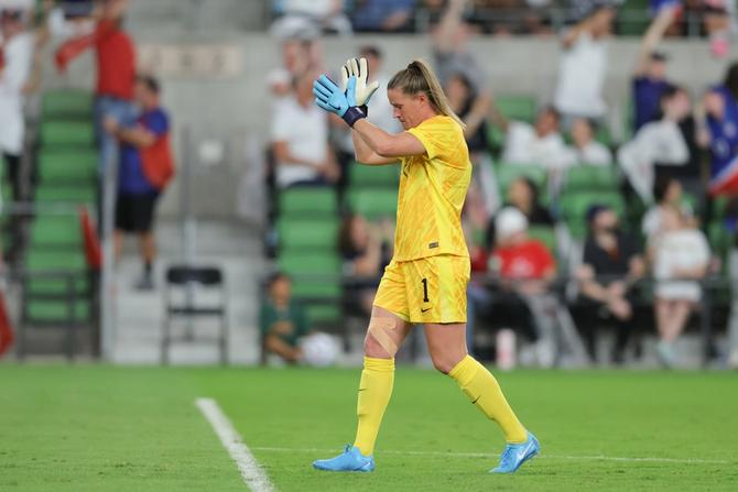Alyssa Naeher #1 of the United States claps during the first half against Iceland.