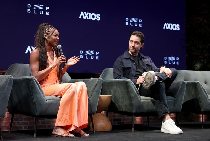 Olympic Sprinter Gabby Thomas speaks during a conversation with Alexis Ohanian, Principal Owner, Angel City Football Club & Los Angeles Golf Club, during the Business of Women Sport Summit presented by Deep Blue Sports and Axios at Chelsea Factory on April 23, 2024 in New York City.