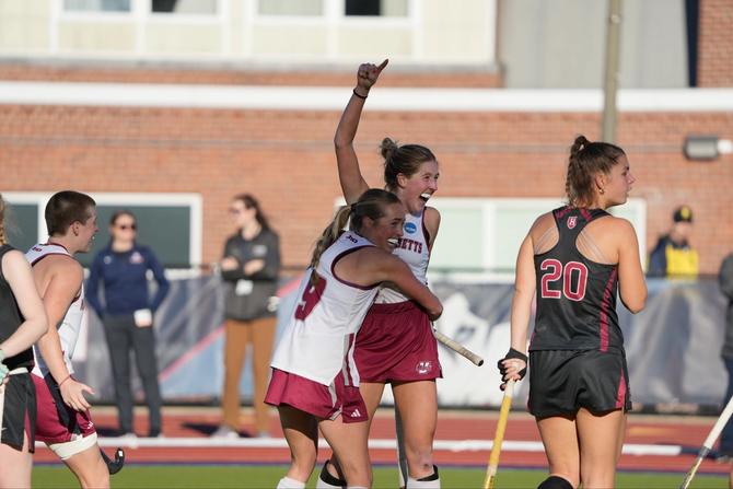 UMass celebrates a goal during its 1-0 quarterfinals win over Harvard.