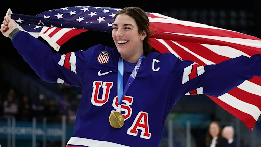 Team USA captain Hilary Knight celebrates after defeating Team Canada in a 2-1 victory on Thursday, February 19.