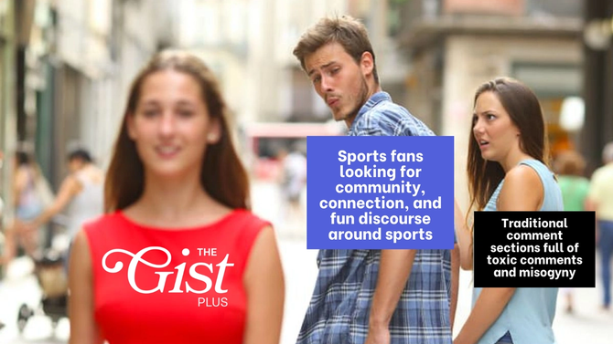 The GIST Plus ad showing the meme with three people on a city street, contrasting sports fans seeking community and fun discussion with traditional comment sections filled with toxic comments and misogyny.