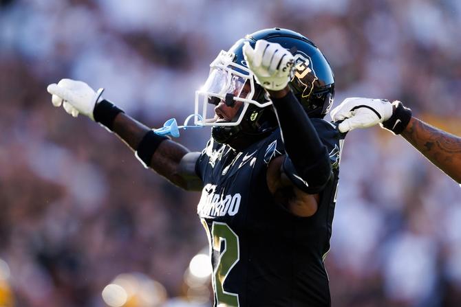 Colorado football star Travis Hunter celebrates a big play.