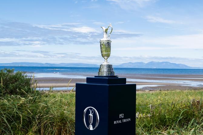The Claret Jug on the first tee prior to The 152nd Open championship at Royal Troon