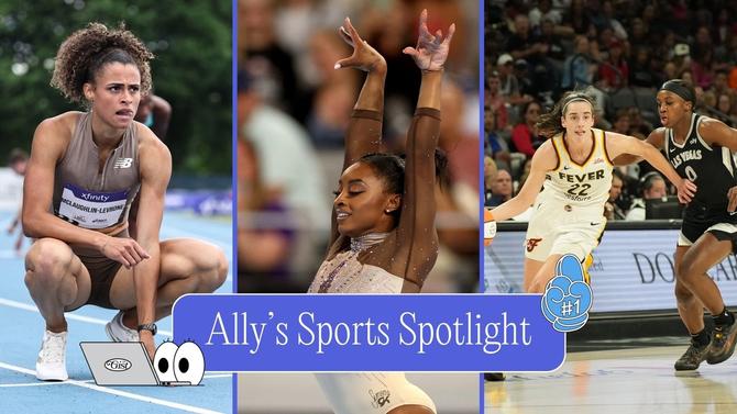 Sydney McLaughlin-Levrone and Simone Biles posing and Caitlin Clark driving past Jackie Young
