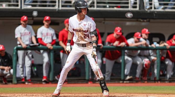 No. 20 Georgia baseball player Charlie Condon squares up at the plate during a game.