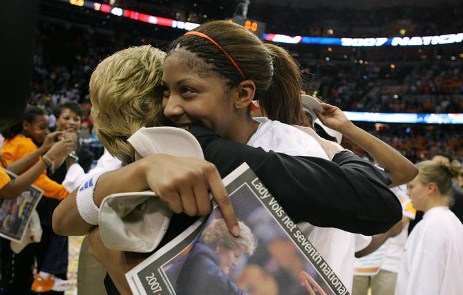 Tournament MVP Candace Parker #3 of the Tennessee Lady Volunteers hugs head coach Pat Summitt as they celebrate their 59-46 victory against the Rutgers Scarlet Knights to win the 2007 NCAA Women's Basketball Championship Game at Quicken Loans Arena on April 3, 2007 in Cleveland, Ohio.