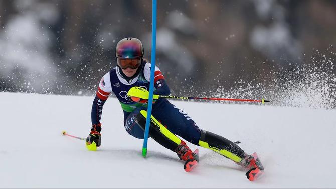 Mikaela Shiffrin attacks the gate in the slalom.