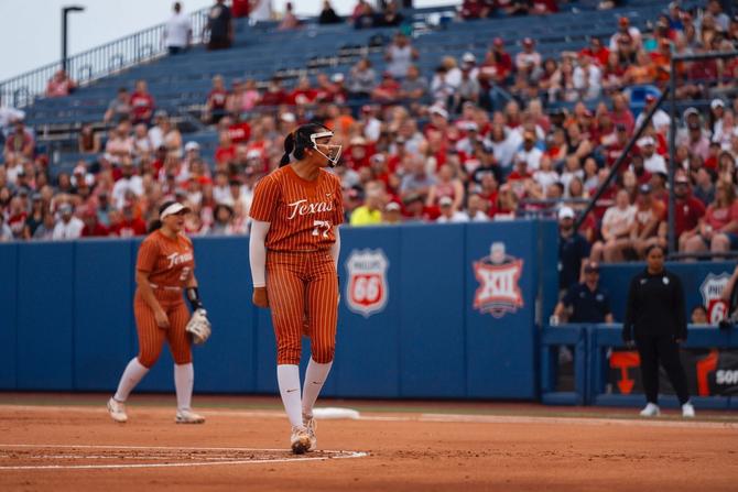 No. 1–seed Texas softball pitcher Citlaly Gutierrez celebrates a strikeout in the circle in Saturday’s Big 12 championship game against No. 2–seed Oklahoma.