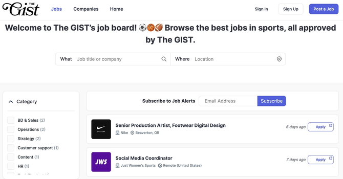 A screenshot of the GIST's job board.