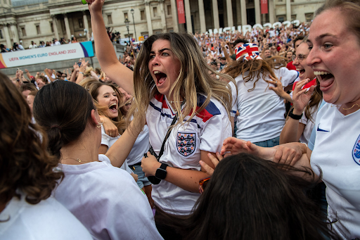England football fans celebrating in Trafalgar Square on Sunday after the game-winning goal in the women’s European Championship final.