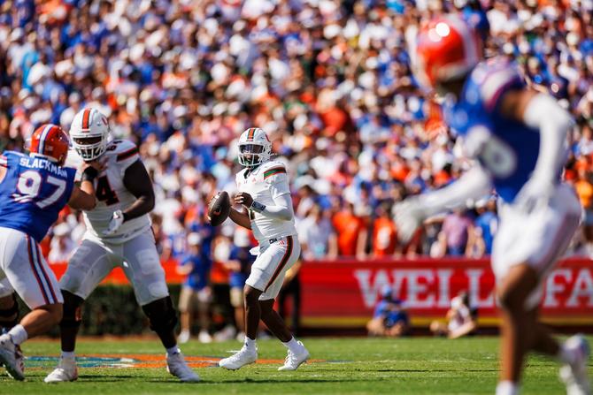 No. 12 Miami football’s star quarterback Cam Ward looks downfield during the Hurricanes’ August 31st game against Florida.