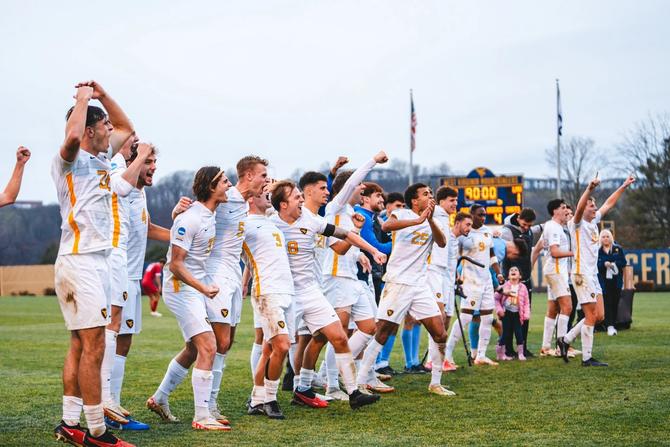 The West Virginia men’s soccer team celebrates their 2023 College Cup berth.