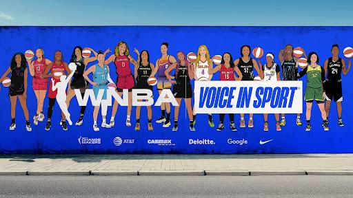 The likeness of WNBA athlete ambassadors involved in Voice In Sport’s mentorship program are displayed throughout a wall mural.