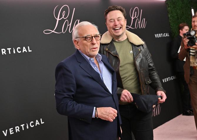 Nelson Peltz and Elon Musk attend the Premiere of "Lola" at Regency Bruin Theatre on February 03, 2024 in Los Angeles, California.