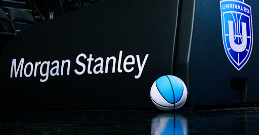 An Unrivaled basketball sits near Morgan Stanley branding in Wayfair Arena.
