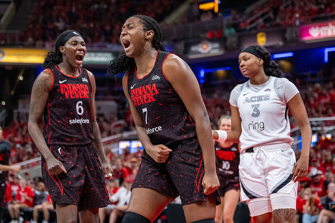 Aliyah Boston celebrates during a WNBA playoff game versus the Las Vegas Aces.