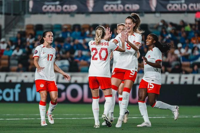 Members of CanWNT celebrate after a goal