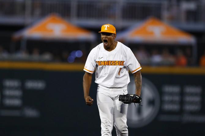 No. 1 Tennessee baseball player Christian Moore shouts in celebration after a big play.