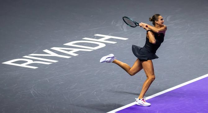 Aryna Sabalenka in action against Jasmine Paolini of Italy in action in her second round robin match on Day 3 of WTA Finals Riyadh as part of the Hologic WTA Tour 2024 at King Saud University Indoor Arena on November 04, 2024 in Riyadh, Saudi Arabia