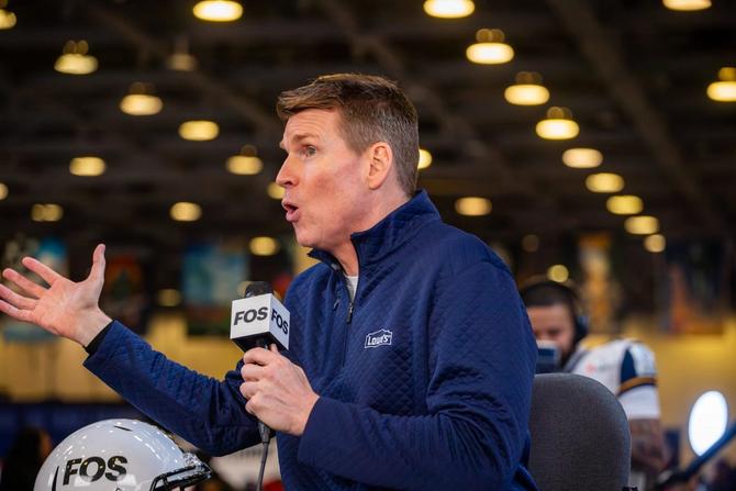 NFL journalist Scott Hanson speaks with Front Office Sports at Media Row before Super Bowl LX.