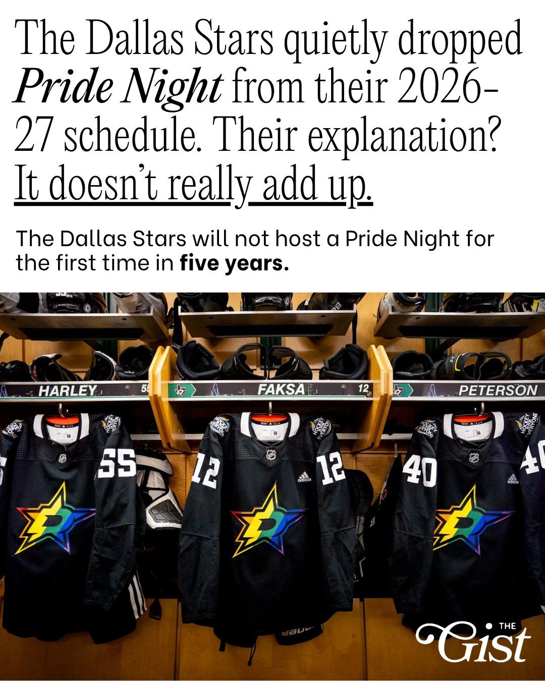 The Dallas Stars dropped Pride Night from their 2026–27 schedule, replacing it with a rotating “Hockey Unites Us Night.” 🤨⁣