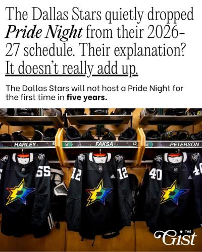 The Dallas Stars dropped Pride Night from their 2026–27 schedule, replacing it with a rotating “Hockey Unites Us Night.” 🤨