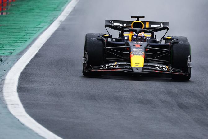 Red Bull’s Max Verstappen maneuvers his car around a corner during the Brazilian Grand Prix.