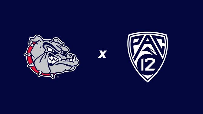 Logos for the Gonzaga Bulldogs and the Pac-12 conference on a blue background.