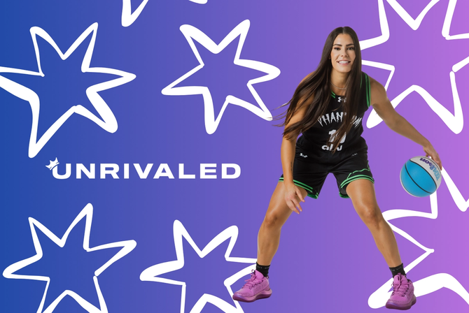 A photo of Kelsey Plum on an Unrivaled graphic.