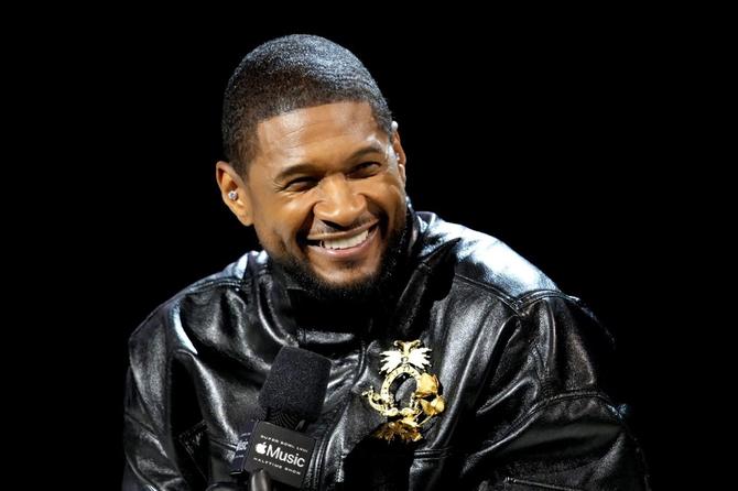 Usher at the Super Bowl LVIII Pregame & Apple Music Super Bowl LVIII Halftime Show press conference.
