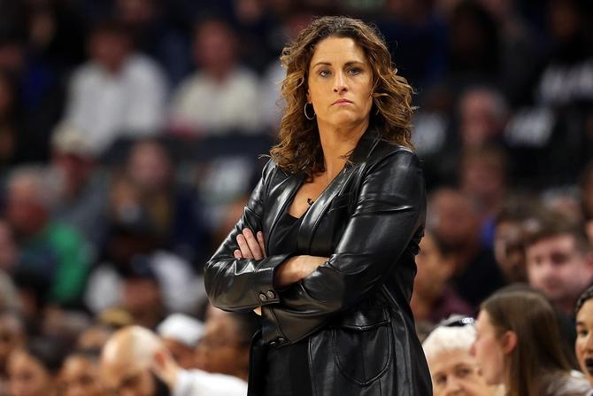 Head coach Stephanie White of the Connecticut Sun looks on against the Minnesota Lynx in the first quarter of Game Five of the Semi-Finals during the WNBA Playoffs at Target Center on October 08, 2024 in Minneapolis, Minnesota. The Lynx defeated the Sun 88-77.