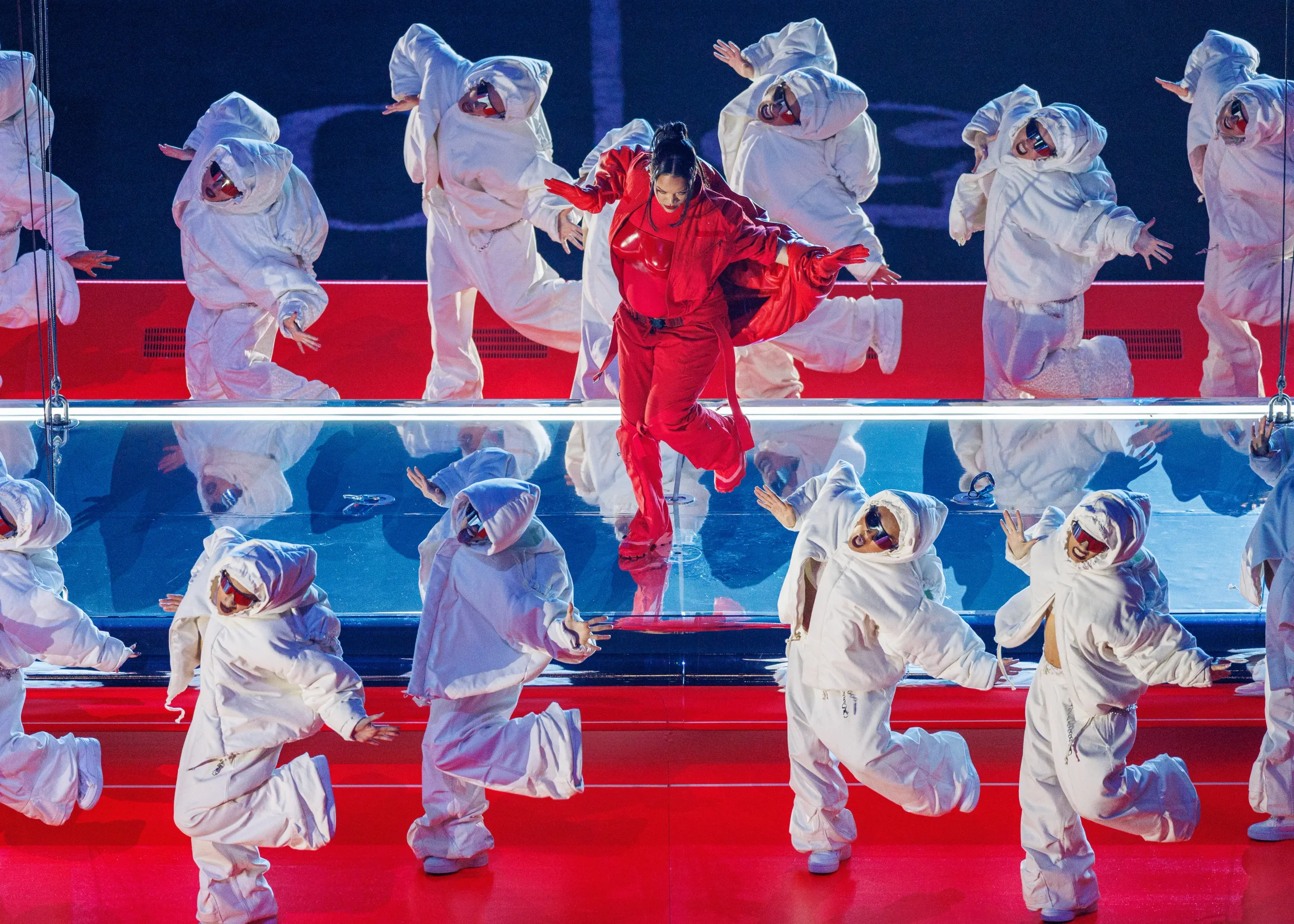Rihanna and her backup dancers at the 2023 Super Bowl Halftime Show. 