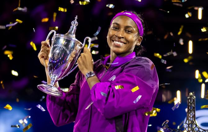 Coco Gauff of the United States poses with the Billie Jean King trophy after defeating Qinwen Zheng of China in the singles final on Final Day of WTA Finals Riyadh as part of the Hologic WTA Tour 2024 at King Saud University Indoor Arena on November 09, 2024 in Riyadh, Saudi Arabia.