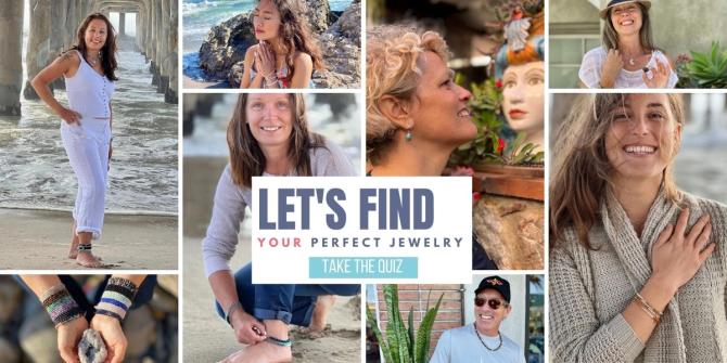 A collage of photos featuring women wearing Gogh Jewelry. The middle of the collage has the words "Let's find your perfect jewelry: Take the quiz"