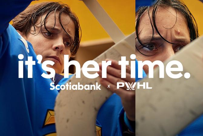 A graphic of Scotiabank and PWHL's campaign, it's her time featuring a hockey player taping her stick