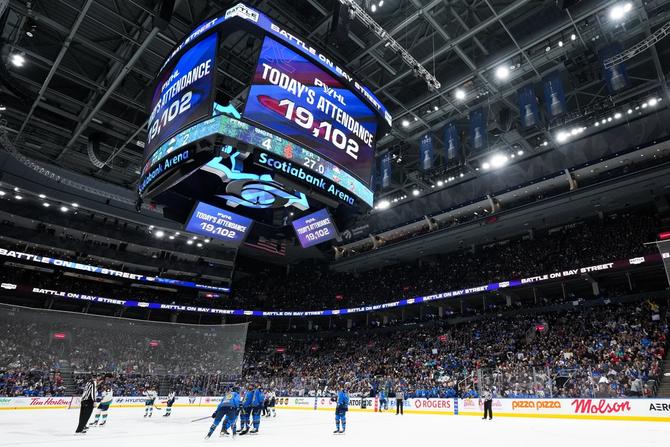 The games attendance is announced during the third period between the Toronto Sceptres and the New York Sirens at Scotiabank Arena on January 25, 2025 in Toronto, Ontario, Canada.