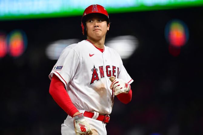 Shohei Ohtani smirking in an LA Angels uniform