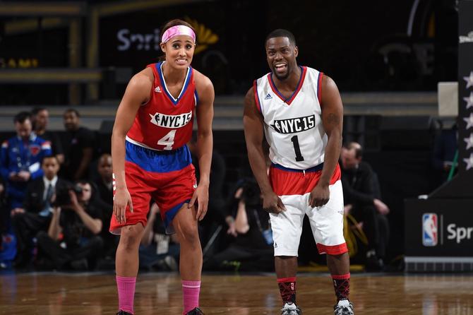 WNBA player Skylar Diggins-Smith stands on a basketball court alongside comedian and actor Kevin Hart during the 2015 NBA All-Star Weekend.